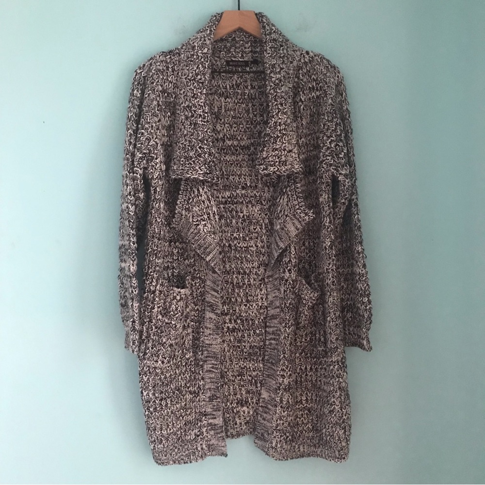 Brave Soul Open Draped Sweater Chunky Textured Midi Duster Cardigan M Black Marl